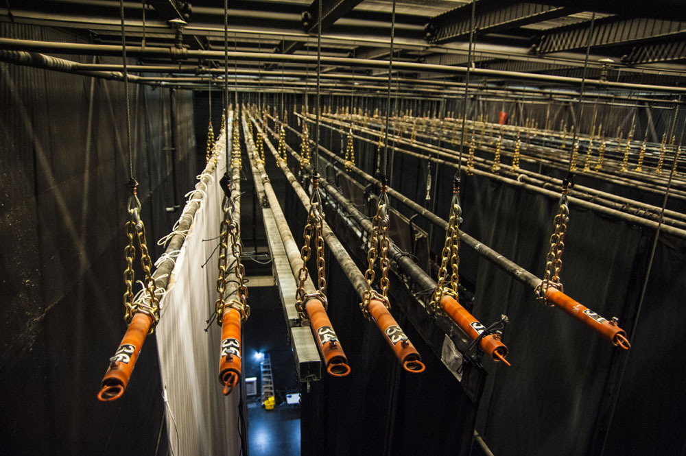 A fly system in a proscenium theater